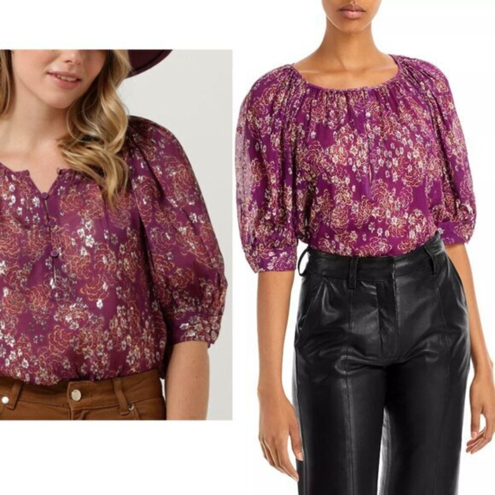 Vanessa Bruno Seban Blouse Metallic Floral‎ Purple Silk Blend Boho Romantic 38/S